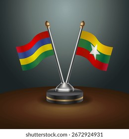 Mauritius and Myanmar table flags relation  with gradient backgrund. Vector Illustration

