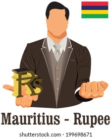 Mauritius national currency Mauritian rupee symbol representing money and Flag. Vector design of businessman in suit with his open hand over with currency isolated on white background in EPS10.