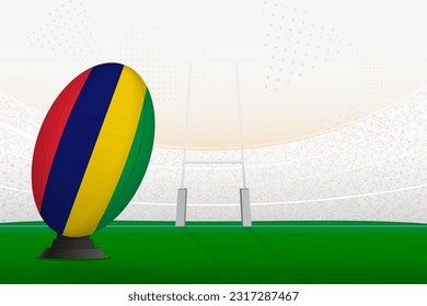 Selección nacional de rugby de Mauricio en estadio de rugby y puestos de gol, preparándose para un penal o patada libre. Ilustración vectorial.