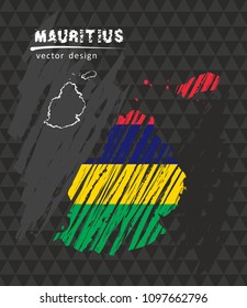 Mauritius national vector map with sketch chalk flag. Sketch chalk hand drawn illustration