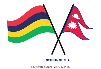 Mauritius and Nepal Flags Crossed And Waving Flat Style. Official Proportion. Correct Colors.