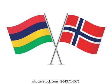 Mauritius and Norway crossed flags. Mauritian and Norwegian flags on a white background. Vector icon set. Vector illustration.