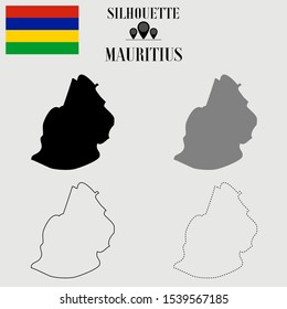 Mauritius outline world map, solid, dash line contour silhouette, national flag original proportion, vector illustration design, isolated on background, objects, symbol from countries set