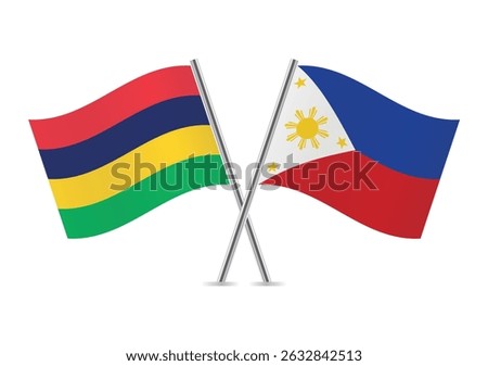 Mauritius and the Philippines crossed flags. Mauritian and Philippine flags on a white background. Vector icon set. Vector illustration.
