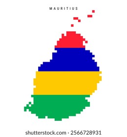 Mauritius pixel flag map icon. 8 bit pixel art Mauritian map covered with flag. Flat vector illustration isolated on white background.