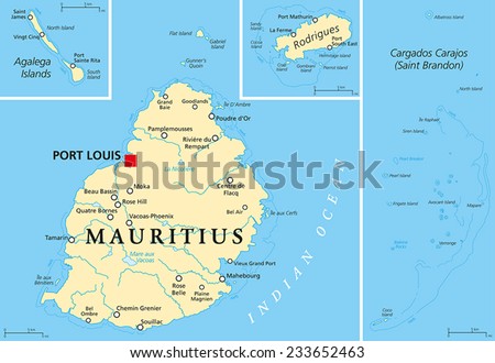 Mauritius Political Map with capital Port Louis, the islands Rodrigues and Agalega and with the archipelago Saint Brandon. English labeling and scaling.