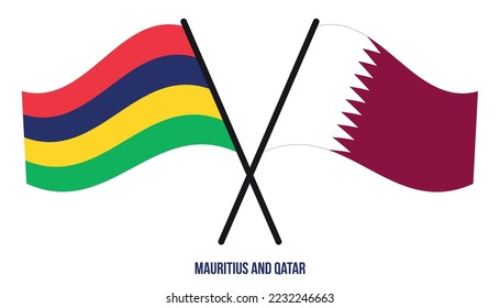 Mauritius- und Katar-Flaggen überqueren und schwingen flatterweise. Offizieller Anteil. Korrigieren Sie Farben.