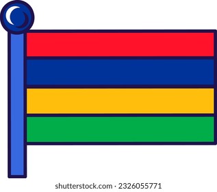 Bandera de la república de Mauricio sobre el vector de asta. Bandas horizontales de rojo, azul, amarillo y verde sobre simbólico patriótico del país. Ilustración de dibujos animados planos del emblema de la isla