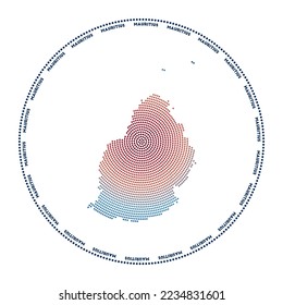 Mauritius round logo. Digital style shape of Mauritius in dotted circle with island name. Tech icon of the island with gradiented dots. Elegant vector illustration.