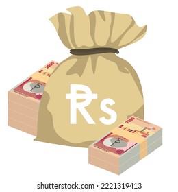 Mauritius Rupee Vector Illustration. Mauritian money set bundle banknotes. Money bag 2000 MUR. Flat style. Isolated on white background. Simple minimal design.