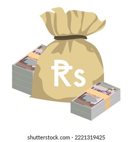 Mauritius Rupee Vector Illustration. Mauritian money set bundle banknotes. Money bag 500 MUR. Flat style. Isolated on white background. Simple minimal design.