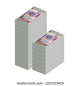 Ilustración del vector de rupias de Mauricio. Dinero mauriciano pone billetes en paquete. Dinero en papel 500 MUR. Estilo plano. Aislado sobre fondo blanco. Diseño sencillo y mínimo.
