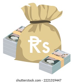 Mauritius Rupee Vector Illustration. Mauritian money set bundle banknotes. Money bag 1000 MUR. Flat style. Isolated on white background. Simple minimal design.