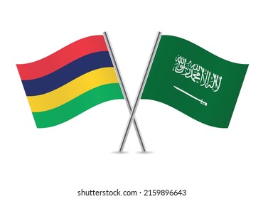 Mauritius and Saudi Arabia crossed flags. Mauritian and Saudi Arabian flags on white background. Vector icon set. Vector illustration.