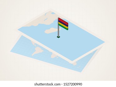 Mauritius selected on map with isometric flag of Mauritius. Vector paper map.