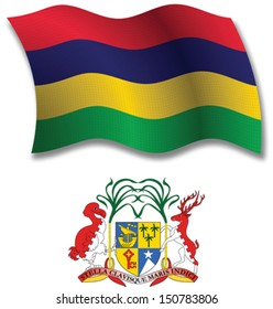 mauritius shadowed textured wavy flag and coat of arms against white background, vector art illustration, image contains transparency transparency