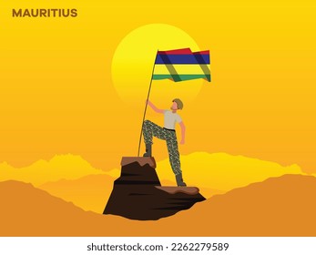 MAURITIUS Soldier on top of the mountain with the MAURITIUSflag. 
illustration of MAURITIUS Army soilder holding flag of MAURITIUS Happy Republic Day