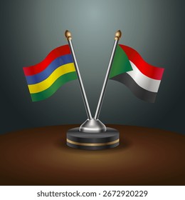 Mauritius and Sudan table flags relation  with gradient backgrund. Vector Illustration
