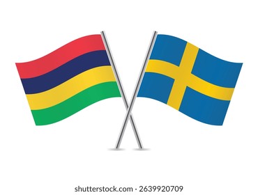 Mauritius and Sweden crossed flags. Mauritian and Swedish flags on a white background. Vector icon set. Vector illustration.