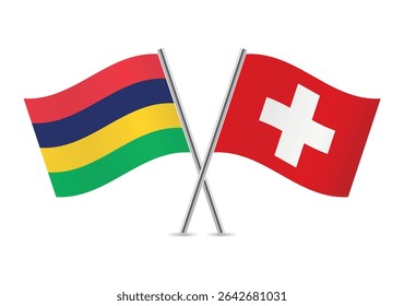 Mauritius and Switzerland crossed flags. Mauritian and Swiss flags on a white background. Vector icon set. Vector illustration.