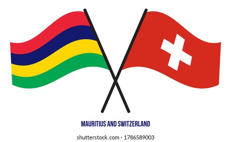 Mauritius and Switzerland Flags Crossed And Waving Flat Style. Official Proportion. Correct Colors.