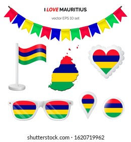 Mauritius symbols attributes. Heart, flags, glasses, buttons and garlands with civil and Mauritius state colors. Vector illustration for your graphic design.