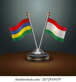Mauritius und Tadschikistan Tischfahnen mit Farbverlauf-Hintergrund. Vektorgrafik
