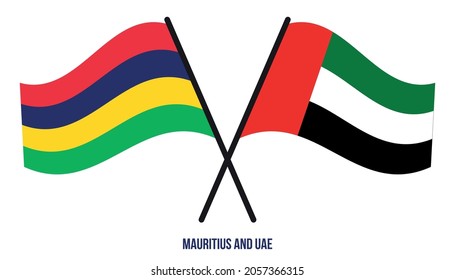 Mauritius and UAE Flags Crossed And Waving Flat Style. Official Proportion. Correct Colors.