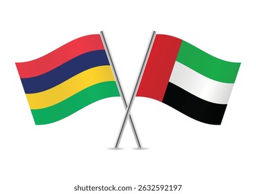 Mauritius and the United Arab Emirates crossed flags. Mauritian and UAE flags on a white background. Vector icon set. Vector illustration.