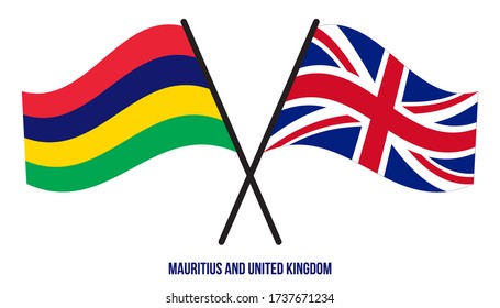 Mauritius and United Kingdom Flags Crossed And Waving Flat Style. Official Proportion. Correct Colors.