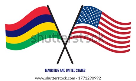Mauritius and United States Flags Crossed And Waving Flat Style. Official Proportion. Correct Colors.
