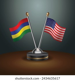 Mauritius and United States table flags with gradient backgrund. Vector Illustration