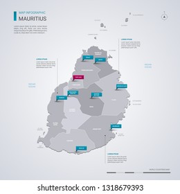 Mauritius vector map with infographic elements, pointer marks. Editable template with regions, cities and capital Port Louis. 