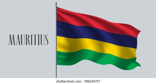 Mauritius waving flag on flagpole vector illustration. Four stripes element of Mauritius wavy realistic flag as a symbol of country