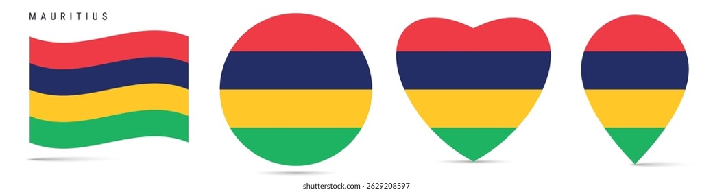 Mauricio ondeando bandera, insignia de la etiqueta engomada del círculo redondo, icono en forma de corazón, pin del mapa. Botones de bandera mauriciana de diferentes Formas. Ilustración vectorial aislada en blanco.