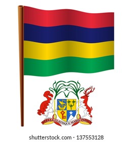 mauritius wavy flag and coat of arm against white background, vector art illustration, image contains transparency