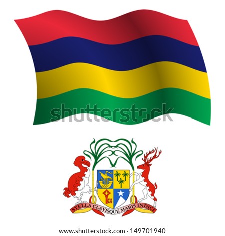 mauritius wavy flag and coat of arm against white background, vector art illustration, image contains transparency