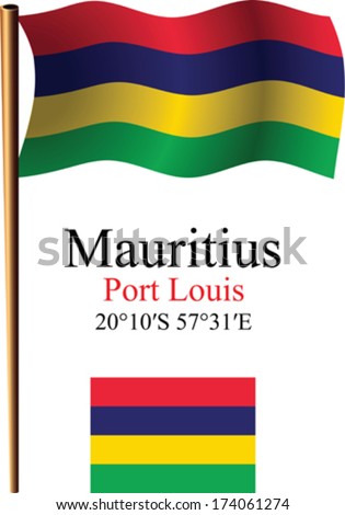mauritius wavy flag and coordinates against white background, vector art illustration, image contains transparency