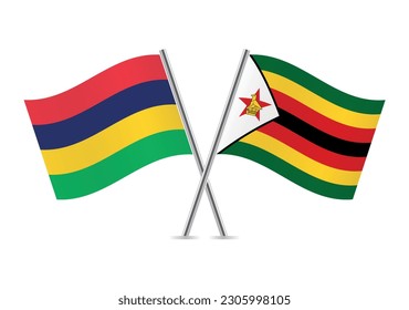 Mauritius and Zimbabwe crossed flags. Mauritian and Zimbabwean flags on white background. Vector icon set. Vector illustration.