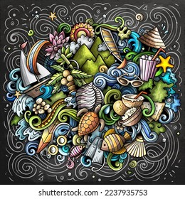 Mauritus cartoon vector doodle chalkboard illustration. Colorful detailed composition with lot of Exotic island objects and symbols.
