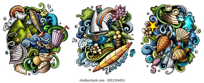 Diseño de dibujos animados mauritus para el doodle vectorial. Coloridas composiciones detalladas con muchos objetos y símbolos de islas exóticas. Isolación en ilustraciones blancas