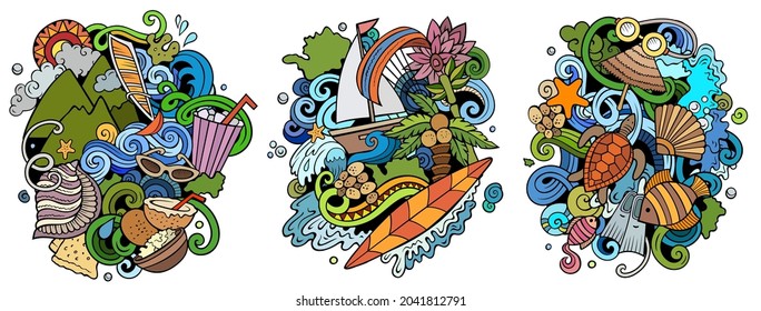 Mauritus cartoon vector doodle designs set. Colorful detailed compositions with lot of Exotic island objects and symbols. Isolated on white illustrations