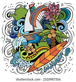 Mauritus cartoon vector doodle illustration. Colorful detailed composition with lot of Exotic island objects and symbols.