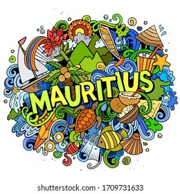 Mauritus hand drawn cartoon doodles illustration. Funny travel design. Creative art vector background. Handwritten text with exotic island elements and objects. Colorful composition
