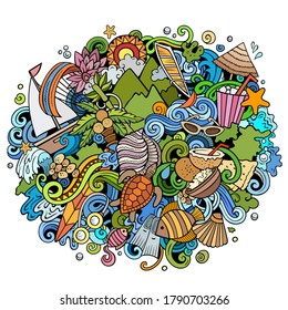 Mauritus hand drawn cartoon doodles illustration. Funny travel design. Creative art vector background. Exotic island elements and objects. Colorful composition