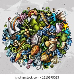 Mauritus hand drawn cartoon doodles illustration. Funny travel design. Creative art vector background. Exotic island elements and objects. Colorful composition