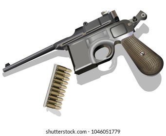 Mauser retro pistol with bullets vector illustration on white background