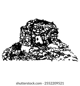 Mausoleum in Huilcahuaín oder Wilcahuaín. Archäologisches Chullpa-Denkmal der Anden. Wari oder Huari Kultur des alten Peru. Handgezeichnete lineare Doodle grobe Skizze. Schwarz-weiße Silhouette.