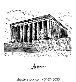 Mausoleum of Ataturk. Ankara, Turkey. Vector freehand pencil sketch.