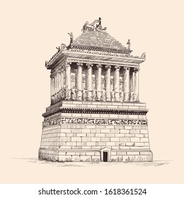 Mausoleum with columns in Halicarnassus. Pencil sketch on a beige background.